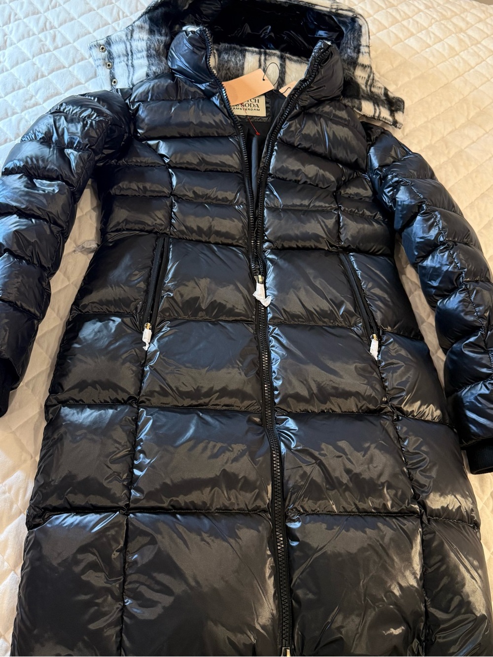 NWT Scotch & Soda High Shine Black Puffer Jacket Glossy Quilted Coat Small